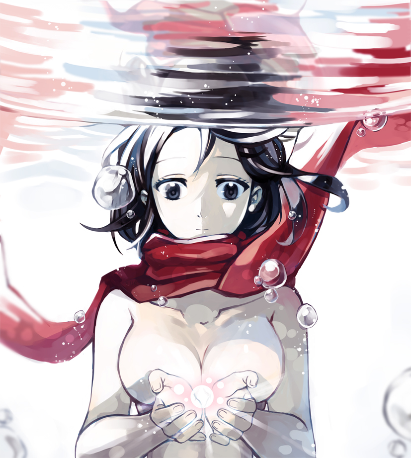 black_eyes black_hair breasts bubble ji_yue medium_breasts mikasa_ackerman nude pale_skin reflection scarf shingeki_no_kyojin short_hair solo underwater water