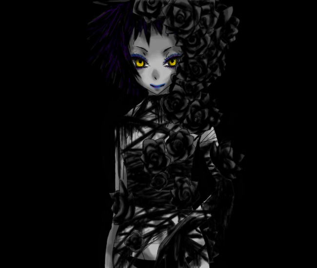 1girl d.gray-man flower gray_skin grey_skin purple_hair road_kamelot rose roses solo yellow_eyes