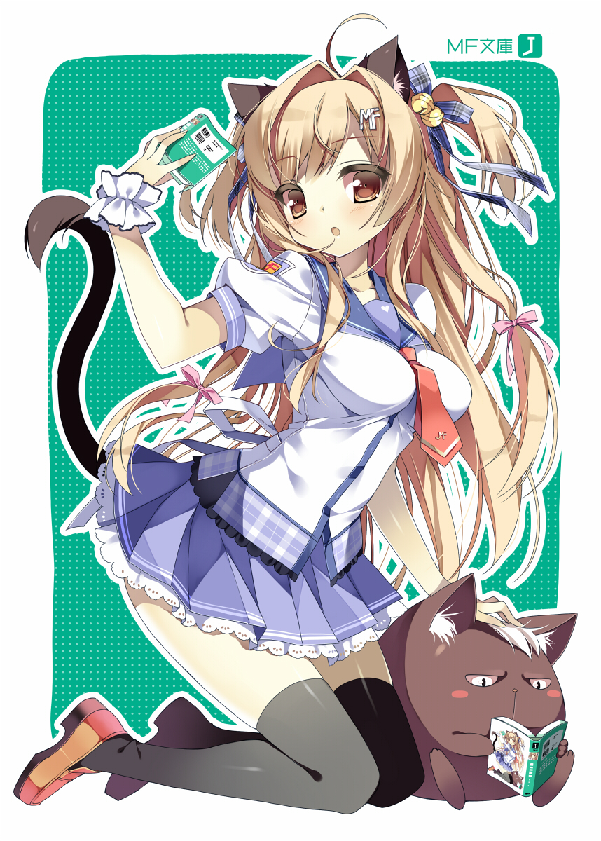 :o ahoge animal_ears bad_id bad_pixiv_id bell black_legwear blue_skirt blush blush_stickers book brown_eyes brown_hair cat cat_ears cat_tail from_side green_background hair_bell hair_intakes hair_ornament hair_ribbon highres kneeling legs loafers long_hair looking_at_viewer looking_to_the_side mf_bunko open_book original pikomint plaid plaid_ribbon reading ribbon school_uniform shoes simple_background skirt tail tareme thighhighs two_side_up