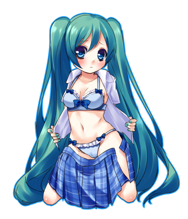 bad_id bad_pixiv_id blue_bra blue_eyes blue_panties bra green_hair hatsune_miku hikataso long_hair looking_at_viewer navel open_clothes open_shirt panties shirt simple_background skirt solo twintails underwear very_long_hair vocaloid white_background