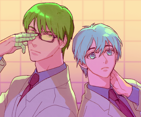 adjusting_eyewear bad_id bad_pixiv_id blue_eyes blue_hair finger_wrap formal glasses green_eyes green_hair kuroko_no_basuke kuroko_tetsuya male_focus midorima_shintarou multiple_boys necktie semi-rimless_eyewear su_(noonrema) suit under-rim_eyewear white_suit