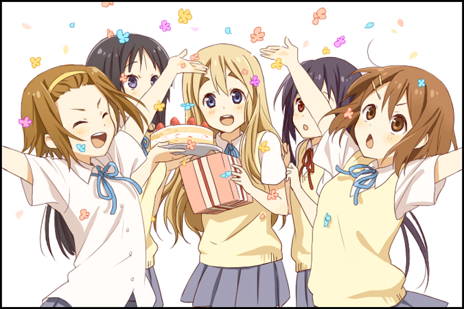 akiyama_mio bad_id bad_pixiv_id black_eyes black_hair blonde_hair blue_eyes brown_eyes brown_hair cake closed_eyes confetti food gift hirasawa_yui k-on! kannuki_hisui kotobuki_tsumugi multiple_girls nakano_azusa sakuragaoka_high_school_uniform school_uniform short_hair tainaka_ritsu