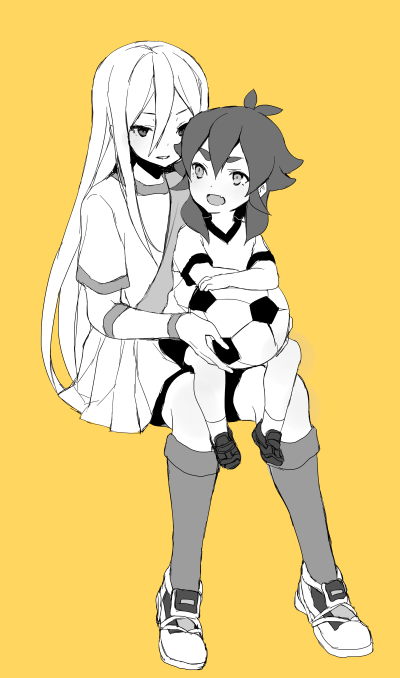 afuro_terumi ball crossover inazuma_eleven inazuma_eleven_(series) inazuma_eleven_go kishibe_taiga long_hair male_focus monochrome multiple_boys open_mouth simple_background sitting soccer_ball telstar time_paradox tokio_neo yellow_background younger zeus_(inazuma_eleven)