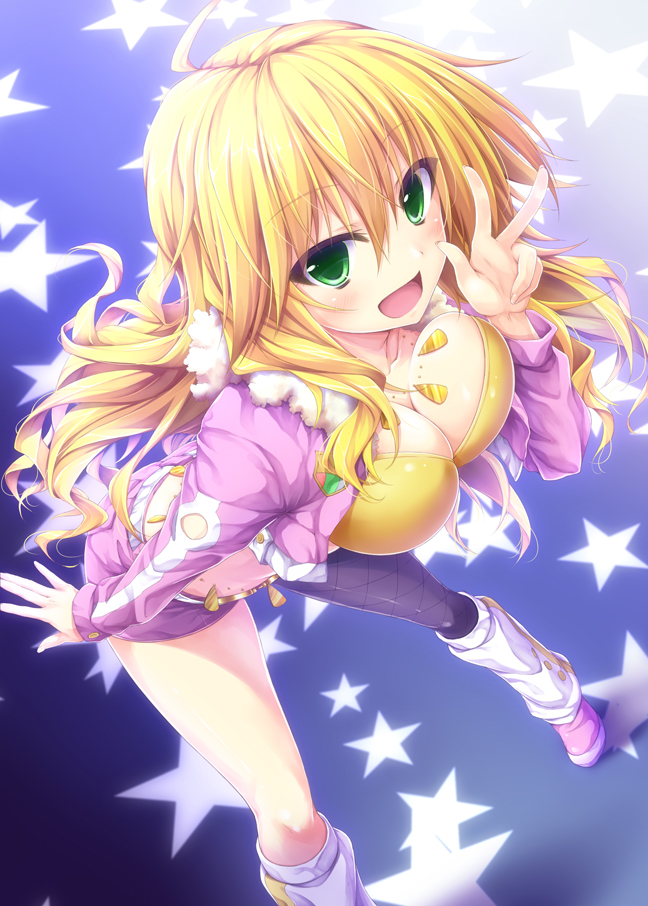 :d ahoge bent_over blonde_hair blush bouncing_breasts breasts cleavage collarbone green_eyes hoshii_miki idolmaster idolmaster_(classic) long_hair long_sleeves medium_breasts open_mouth pantyhose pink_diamond_765 smile solo star suien v very_long_hair