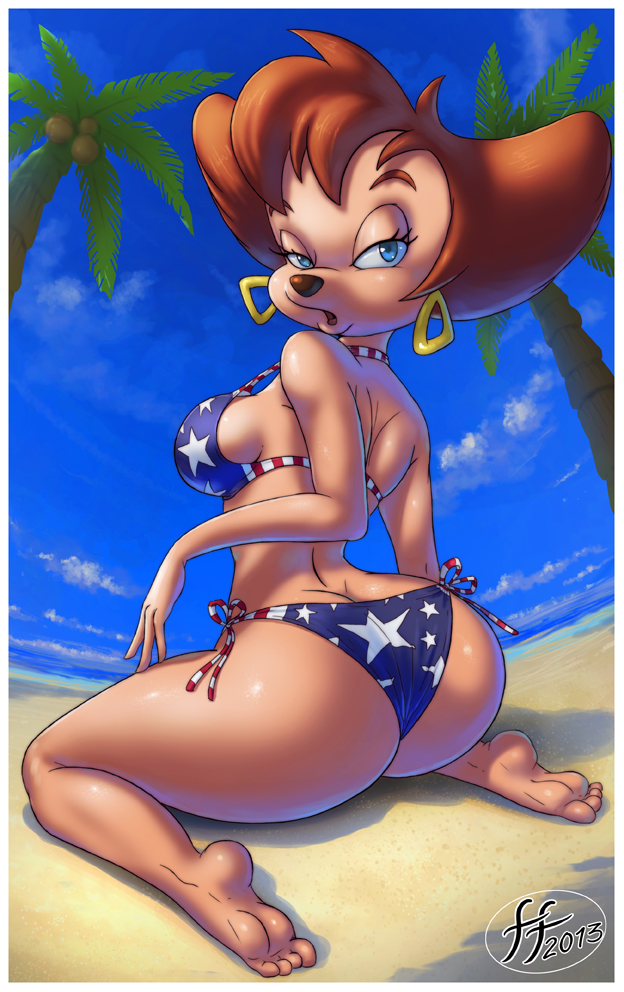 2013 big_butt bikini black_nose blue_eyes breasts brown_hair butt canine cloud dog ear_piercing female fernando_faria goof_troop hair hindpaw kneeling looking_at_viewer milf mother open_mouth outside palm_tree parent paws peg_pete piercing short_hair side_boob sky solo thick_thighs thighs tight_clothing tree voluptuous wide_hips