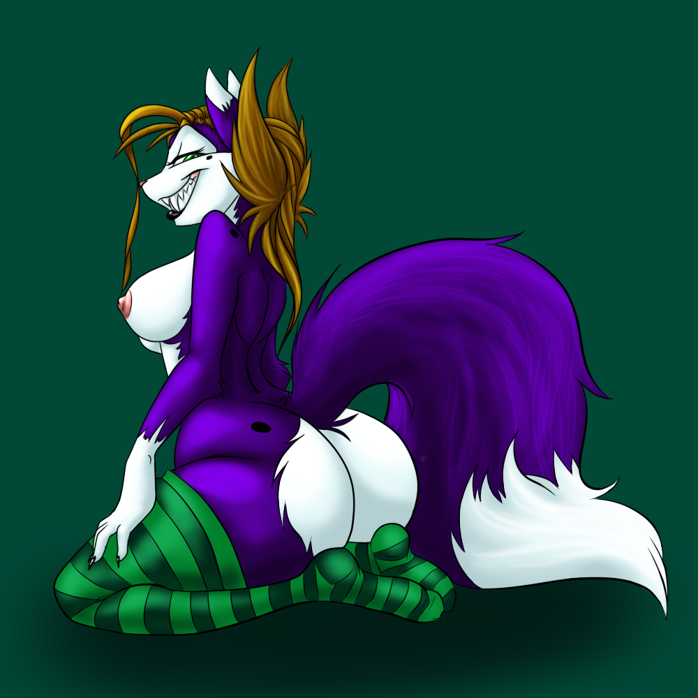 anthro astrofenn big_butt black_lips blonde_hair breasts butt canine fangs female fox fur green_background green_eyes hair kneeling legwear lips long_hair looking_at_viewer looking_back mammal nipples nude pink_nose plain_background purple_fur smile solo stockings teeth thick_thighs thighs voluptuous white_fur