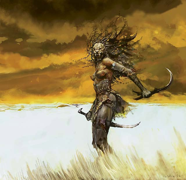 blade_of_the_sixth_pride breasts brown_hair cat clothed clothing feline female grass hair justin_sweet long_hair magic_the_gathering mammal teeth weapon wizards_of_the_coast