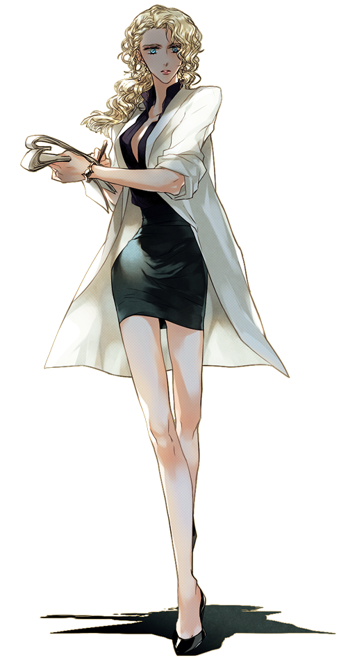 aqua_eyes blonde_hair copyright_request full_body high_heels labcoat lips long_hair pen pencil_skirt shoes simple_background skirt sleeves_rolled_up solo su_(noonrema) white_background