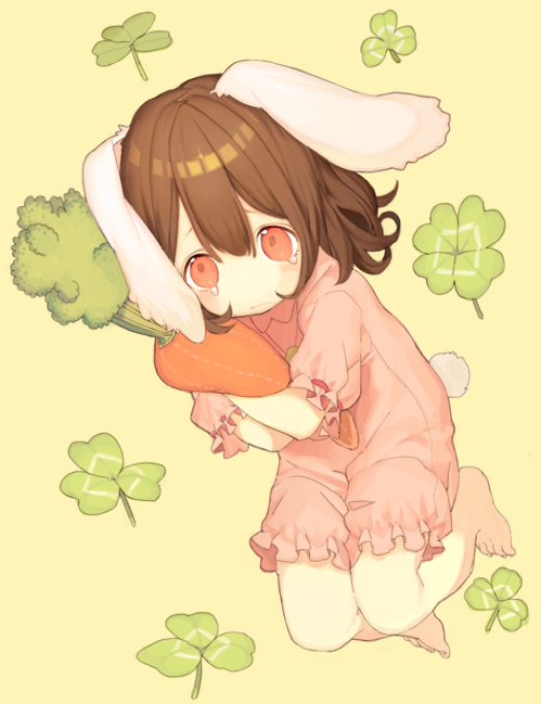 animal_ears bad_id bad_pixiv_id barefoot brown_hair bunny_ears carrot clover clover_(flower) dress flower four-leaf_clover hug inaba_tewi misoni_comi object_hug pink_dress red_eyes short_hair simple_background solo tears touhou yellow_background