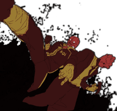 back-to-back back_to_back bandage dorohedoro fighting_stance formal heart_(organ) kicking lowres mask noi_(dorohedoro) shin_(dorohedoro) standing suit track_suit