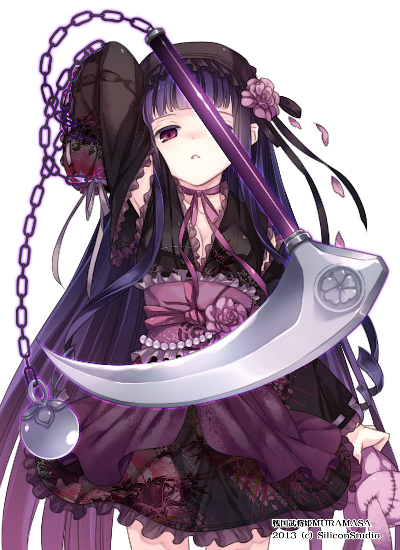 chain kama_(weapon) kusarigama long_hair mizuno_(suisuiw) purple_eyes purple_hair sengoku_bushouki_muramasa shishido_baiken sickle stuffed_animal stuffed_toy very_long_hair weapon
