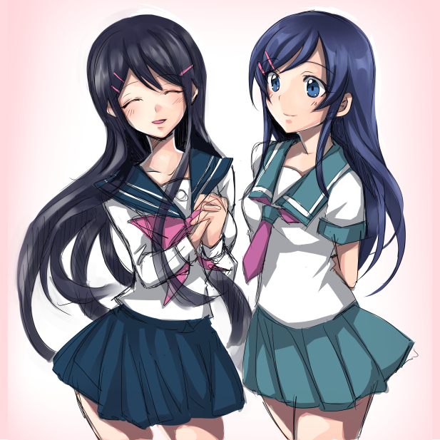 aragaki_ayase black_hair blue_eyes closed_eyes crossover danganronpa danganronpa_1 long_hair look-alike maizono_sayaka mintes multiple_girls ore_no_imouto_ga_konna_ni_kawaii_wake_ga_nai school_uniform serafuku