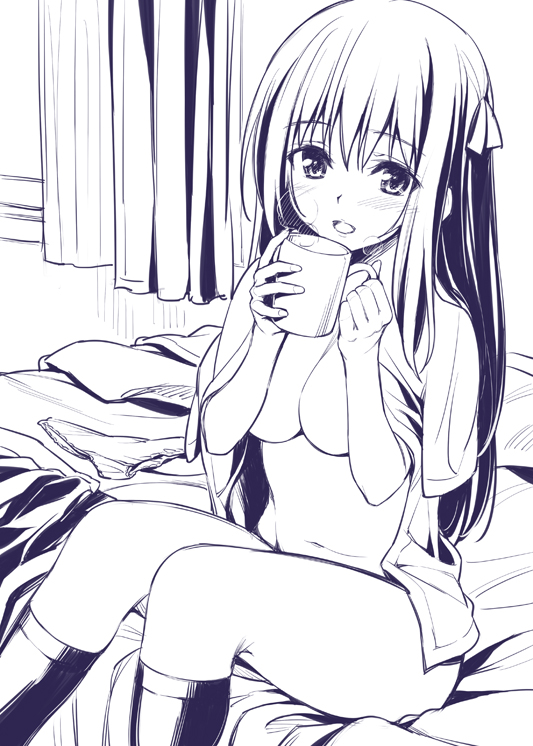:d bed blush bottomless breasts breath convenient_leg copyright_request cup curtains hair_ribbon kneehighs long_hair medium_breasts monochrome mug naked_shirt navel no_bra open_clothes open_mouth open_shirt oryou panties panties_removed ribbon shirt sitting sketch skirt skirt_removed smile solo underboob underwear window