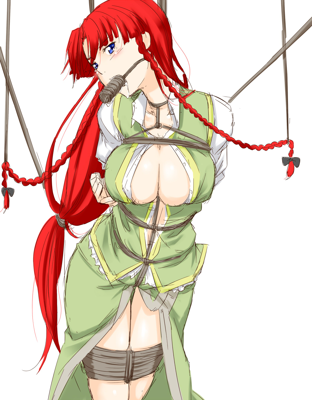 arms_behind_back bdsm blue_eyes blush bondage bound braid breasts cleavage gagged highres hong_meiling large_breasts long_hair niwatazumi open_clothes open_shirt red_hair rope shibari shibari_over_clothes shirt sketch solo touhou twin_braids