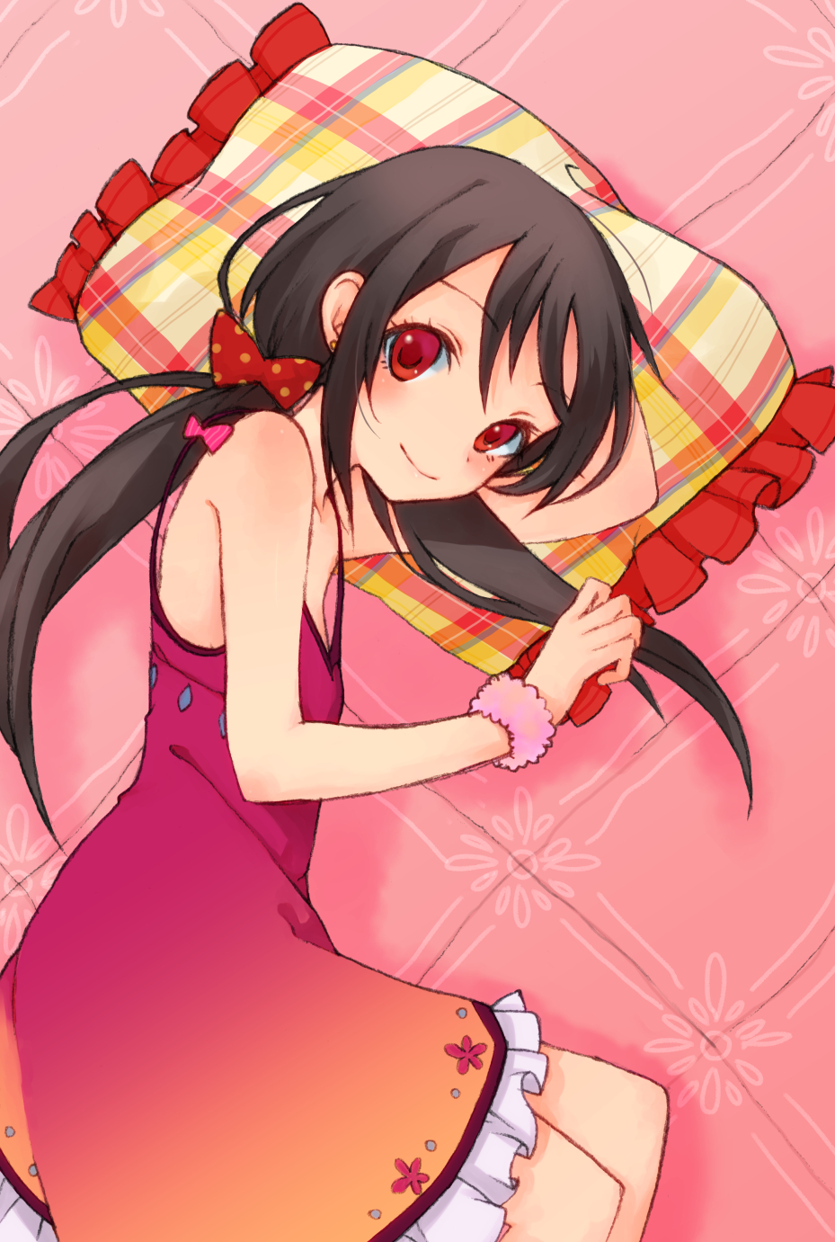 alternate_hairstyle bare_shoulders black_hair blush bow dress frilled_dress frilled_pillow frills hair_bow highres long_hair looking_at_viewer love_live! love_live!_school_idol_project low_twintails lying monmon on_side pillow polka_dot polka_dot_bow red_dress red_eyes scrunchie smile solo twintails wrist_scrunchie yazawa_nico