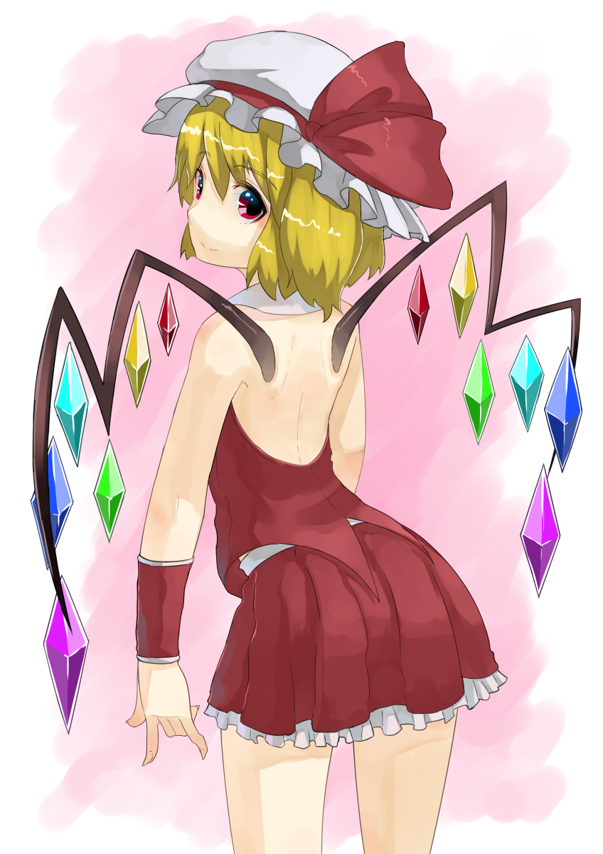 backless_outfit bare_shoulders blonde_hair flandre_scarlet hashiro hat hat_ribbon highres looking_back pink_background red_eyes ribbon short_hair skirt skirt_set smile solo touhou wings