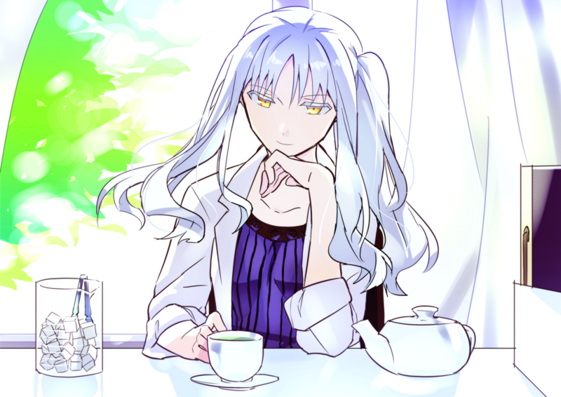 arm_support caren_hortensia casual chin_rest collarbone cup curtains elbow_rest fate/hollow_ataraxia fate/kaleid_liner_prisma_illya fate_(series) kon_manatsu long_hair one_side_up side_ponytail sleeves_rolled_up smile solo sugar_cube sugar_tongs teacup teapot tongs white_hair window yellow_eyes