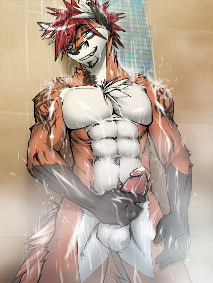 anthro balls biceps big big_muscles big_penis black_fur black_nose brown_fur canine chest_tuft ear_piercing erection fangs fox fur grin hair humanoid_penis linni-fight looking_at_viewer male mammal masturbation muscles navel nude orange_fur pecs penis piercing pose presenting pubes red_hair sheath shower smile solo standing tattoo teeth tuft water wet white_fur