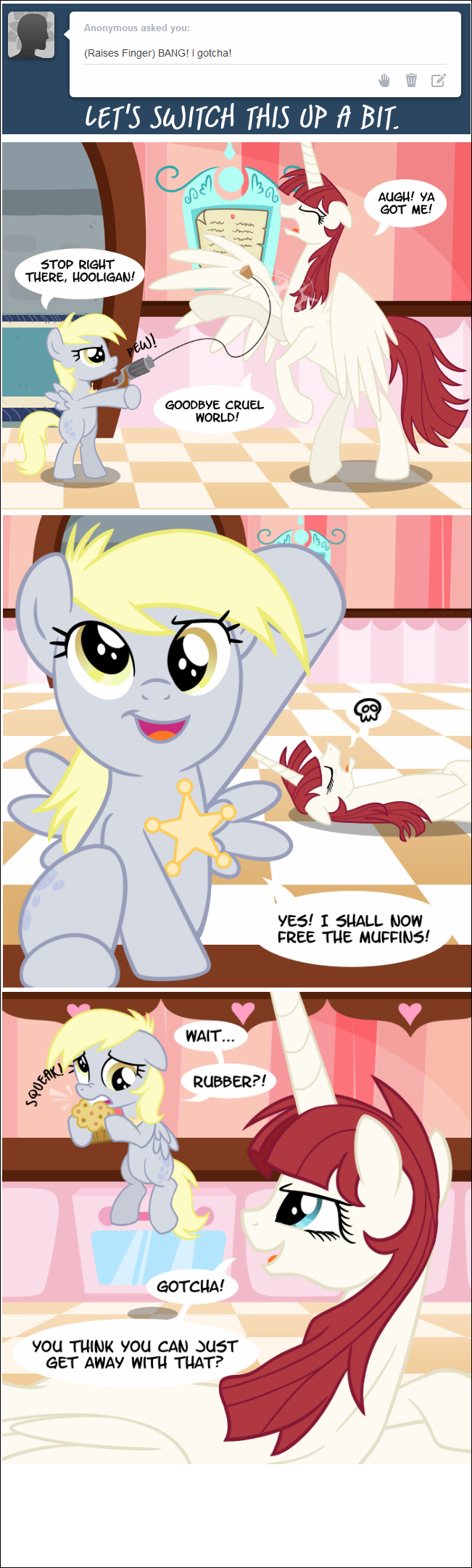badge blonde_hair blue_eyes comic derpy_hooves_(mlp) dialog duo english_text equine eyes eyes_closed female feral friendship_is_magic fur grey_fur hair horn horse inside kitchen lauren_faust lauren_faust_(character) lying mammal my_little_pony pegasus pony red_hair sketchyjackie smile standing text toy white_fur winged_unicorn wings yellow_eyes