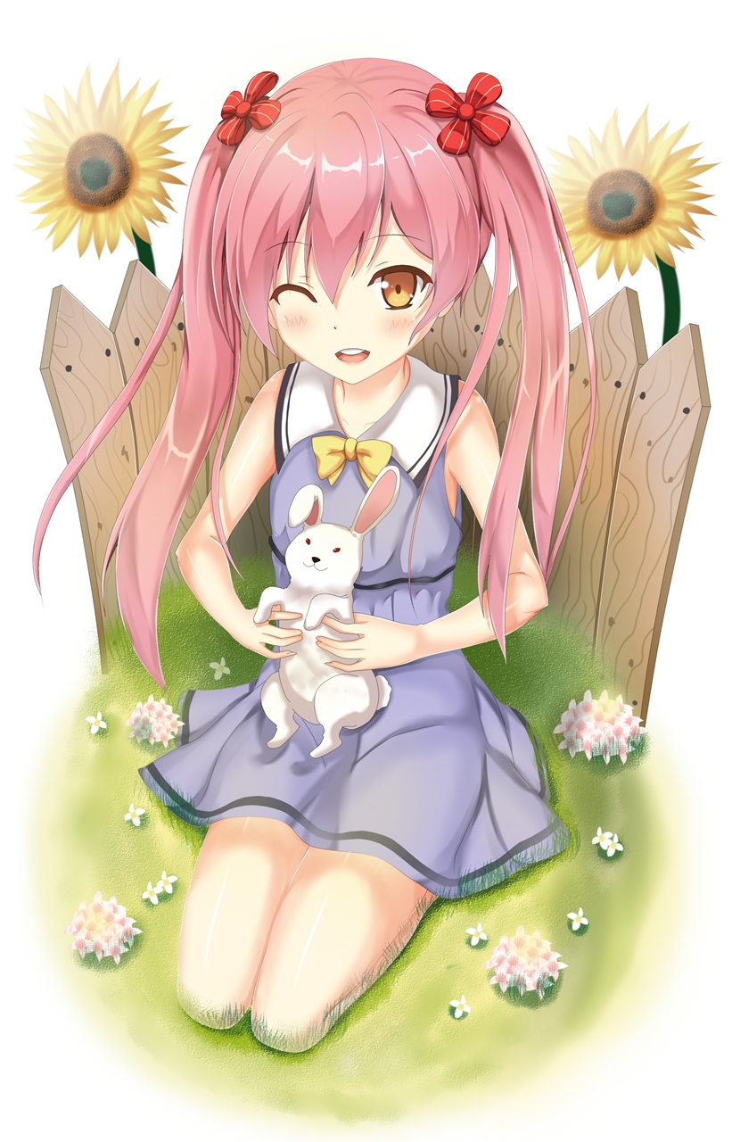 ;d against_fence bad_id bad_pixiv_id blue_dress bunny dress emanuella_porlallora fence flower full_body hentai_ouji_to_warawanai_neko. highres looking_at_viewer one_eye_closed open_mouth orange_eyes pink_hair plant school_uniform seedkeng seiza simple_background sitting smile sunflower tareme twintails white_background wooden_fence