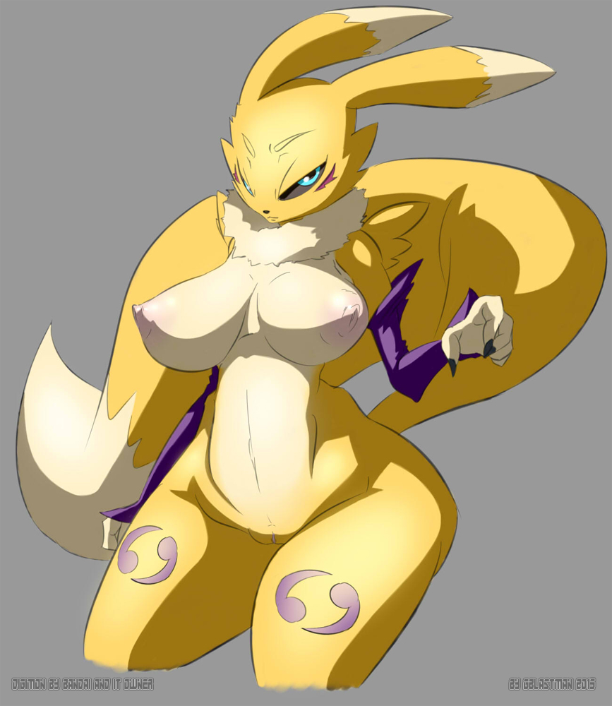 angry anthro areola big_breasts black_sclera blue_eyes breasts canine chest_tuft cyan_eyes detached_sleeves digimon erect_nipples facial_markings female fox fur gblastman grey_background huge_breasts looking_at_viewer mammal markings multicolor_fur navel nipples nude plain_background puffy_nipples pussy renamon simple_background solo standing tuft two_tone_fur wide_hips yellow_fur