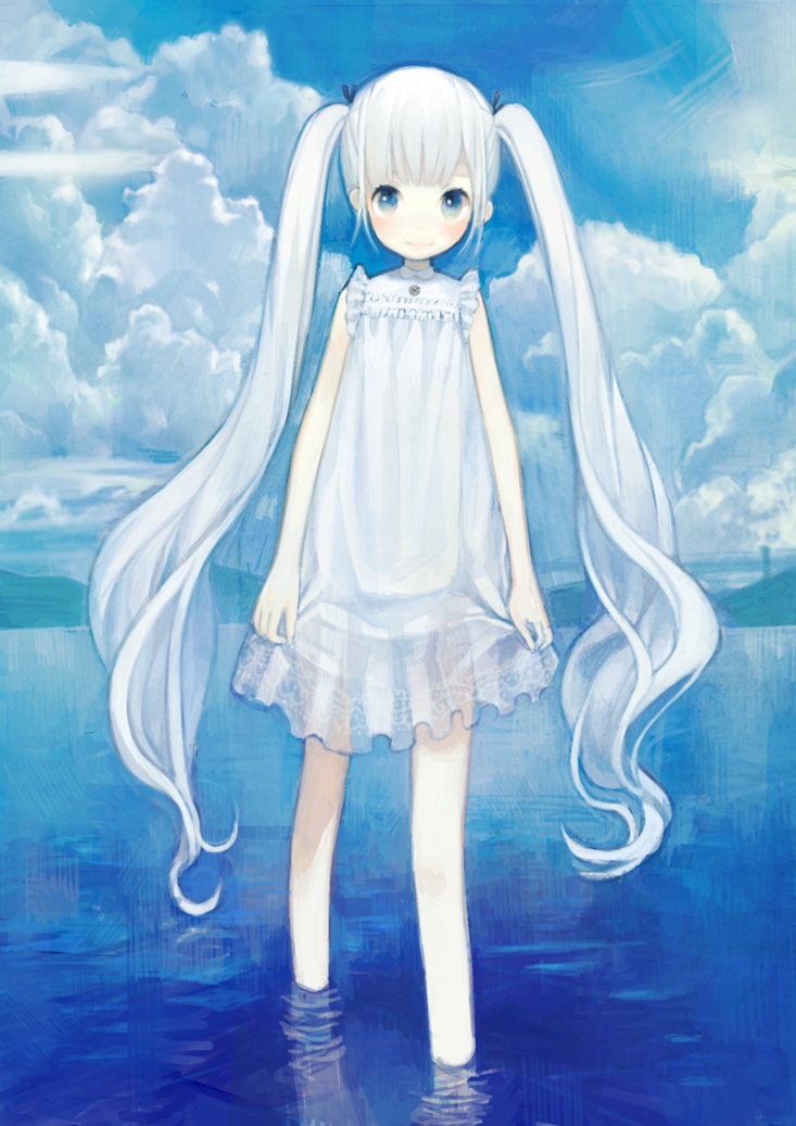 aqua_eyes barefoot blue_eyes cloud holding_skirt looking_at_viewer misoni_comi ocean skirt sky solo twintails white_hair