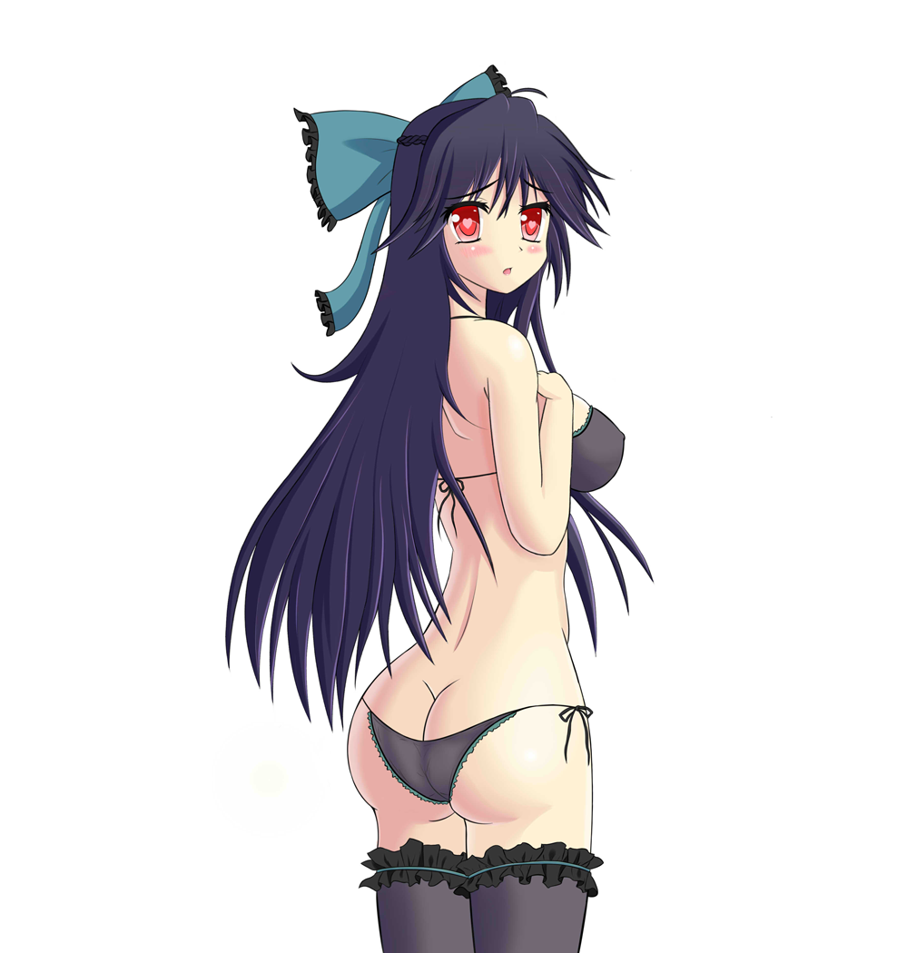 1girl artist_request ass black_hair blush bow bra breasts butt_crack from_behind hair_bow heart heart-shaped_pupils long_hair looking_back open_mouth panties red_eyes reiuji_utsuho sideboob solo symbol-shaped_pupils thighhighs touhou underwear wisp_d