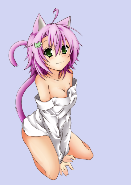 ahoge animal_ears bad_id bad_pixiv_id breasts cat_ears cat_tail cleavage colorized gayu_(memo) green_eyes looking_at_viewer medium_breasts original purple_hair simple_background smile solo tail