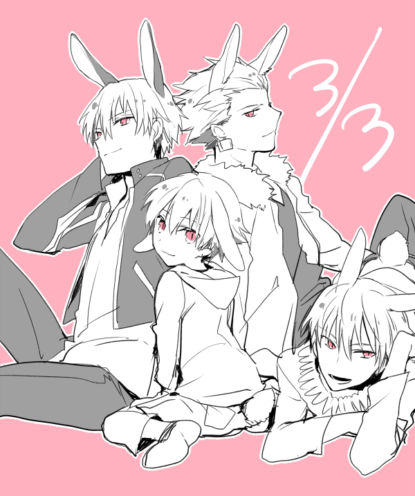 animal_ears bunny_ears child dated earrings fate/hollow_ataraxia fate/stay_night fate/zero fate_(series) fur_trim gilgamesh hood hoodie jacket jewelry kemonomimi_mode kuroemon multiple_boys multiple_persona necklace older partially_colored younger