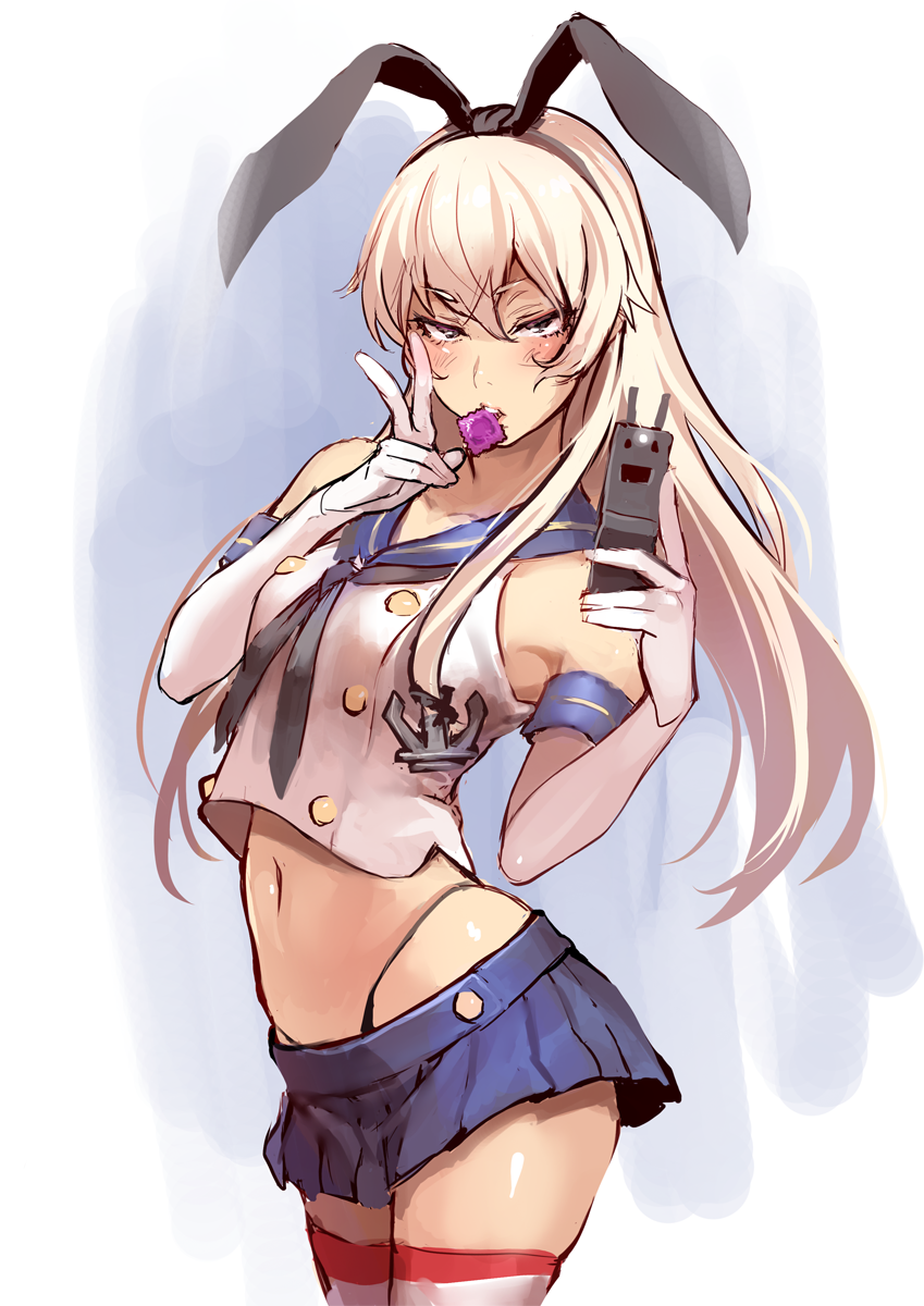 anchor anchor_hair_ornament black_panties blonde_hair blush brown_eyes cellphone condom_wrapper crop_top crop_top_overhang elbow_gloves gloves hair_ornament hairband highleg highleg_panties highres kantai_collection long_hair looking_at_viewer microskirt mouth_hold navel nbo older panties phone rensouhou-chan self_shot shimakaze_(kantai_collection) shiny shiny_skin sketch skindentation skirt solo striped striped_legwear thighhighs underwear v white_gloves