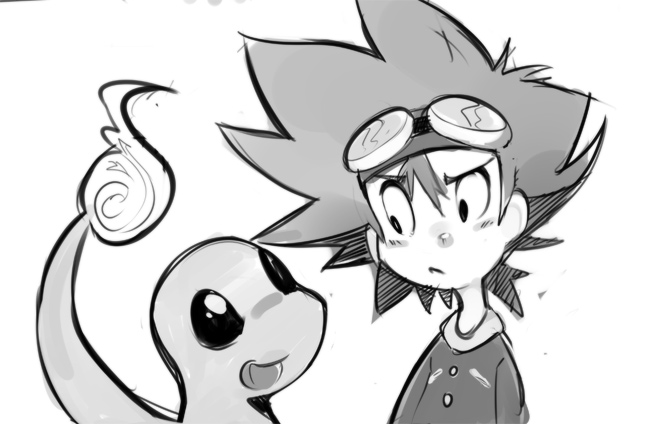 blush_stickers charmander crossover digimon digimon_adventure fire flame gen_1_pokemon goggles goggles_on_head greyscale monochrome pokemon pokemon_(creature) sho-n-d spiked_hair tail tail-tip_fire yagami_taichi