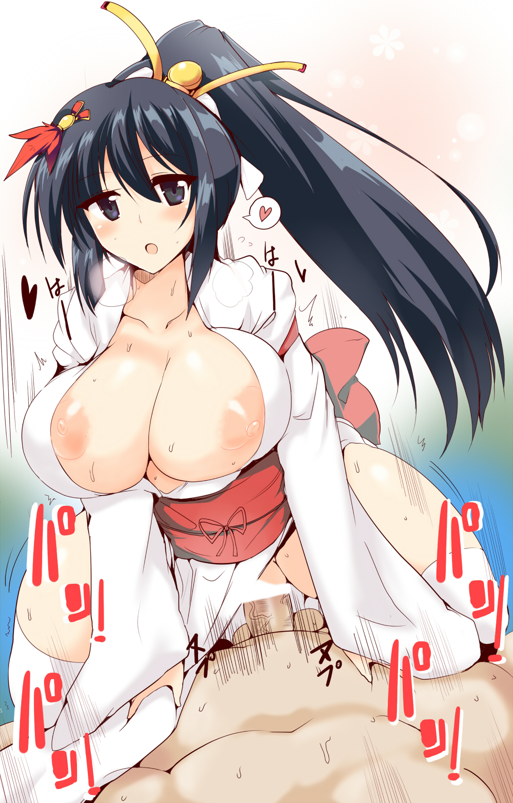 1boy 1girl areolae black_eyes black_hair breasts censored clothed_female_nude_male clothed_sex cowgirl_position hair_ornament heart highres huge_breasts japanese_clothes kimono long_hair long_ponytail nipple_slip nipples no_bra no_panties no_underwear original penetration penis ponytail puffy_nipples pussy sex skirt_aside straddling sweat thighhighs vaginal wedge white_legwear white_thighhighs yukata