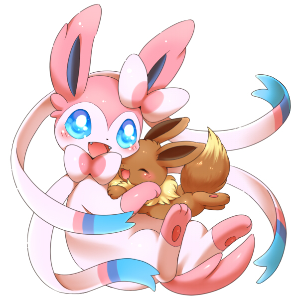 &#12450;&#12452;&#12511; blue_eyes blush bow brown_fur canine cute duo eevee eeveelution embrace eyes_closed feral fur hug looking_at_viewer mammal nintendo open_mouth plain_background pok&#233;mon pok&eacute;mon ribbons sharp_teeth sitting smile sylveon teeth tongue video_games white_background