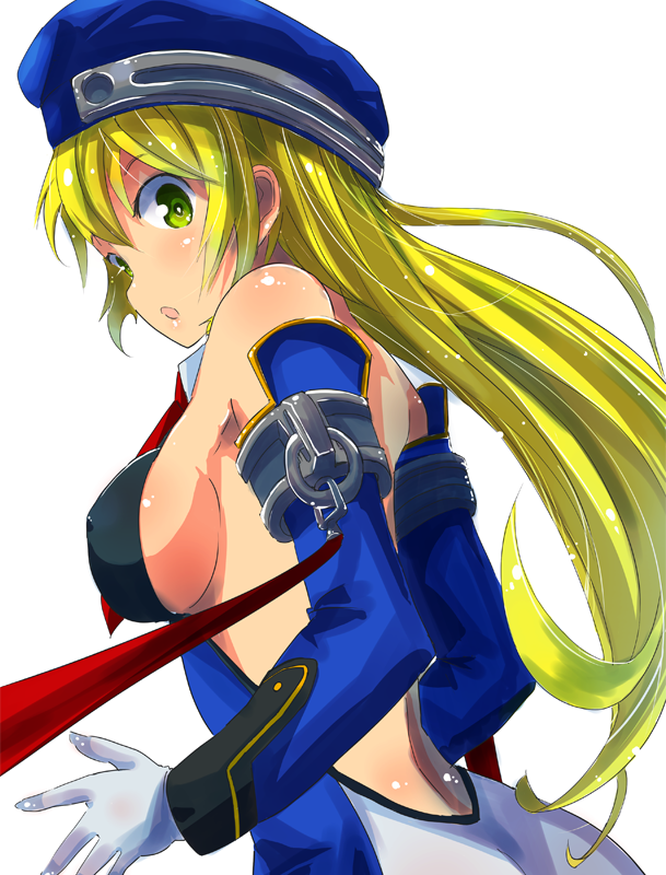 back backless_outfit bad_id bad_pixiv_id beret blazblue blonde_hair blush breasts covered_nipples detached_sleeves dress gloves green_eyes hat long_hair looking_at_viewer medium_breasts necktie noel_vermillion ribbon short_dress sideboob solo white_gloves