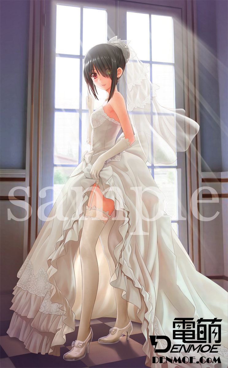 bare_shoulders black_hair bridal_veil checkered checkered_floor clock_eyes cross date_a_live dress dress_lift earrings elbow_gloves garter_straps glass_slipper gloves hair_bun hair_over_one_eye high_heels highres jewelry lace lace-trimmed_thighhighs legs long_hair long_legs looking_at_viewer misakamitoko0903 necklace red_eyes revision sample shoes smile solo symbol-shaped_pupils thighhighs tokisaki_kurumi veil wedding_dress white_legwear window