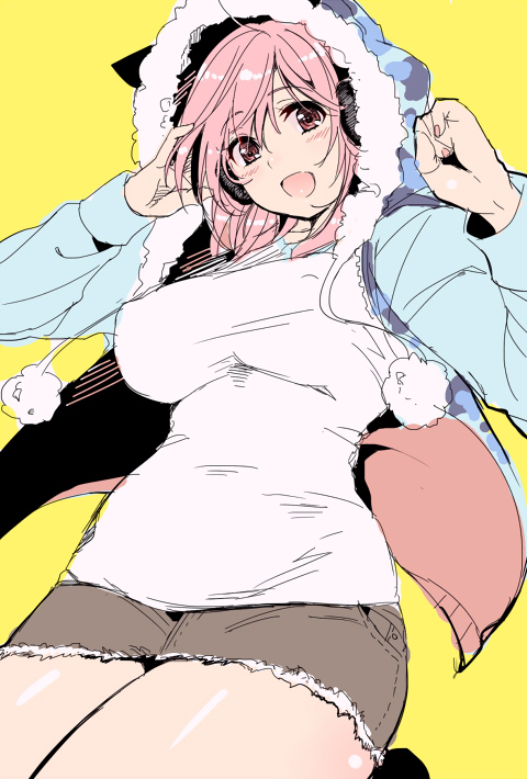 blush breasts cowboy_shot headphones hood large_breasts looking_at_viewer nitroplus open_mouth pink_eyes pink_hair simple_background smile solo spanking_momoko super_sonico yellow_background