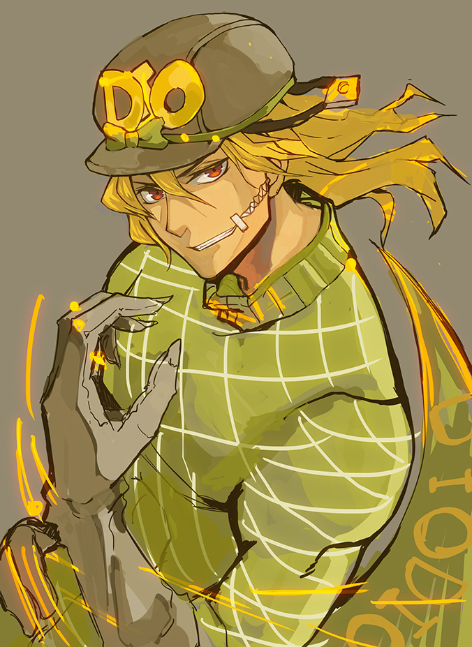 4179a blonde_hair diego_brando gloves green_shirt hat jojo_no_kimyou_na_bouken male_focus red_eyes scary_monsters_(stand) shirt solo stand_(jojo) steel_ball_run sweater tail turtleneck
