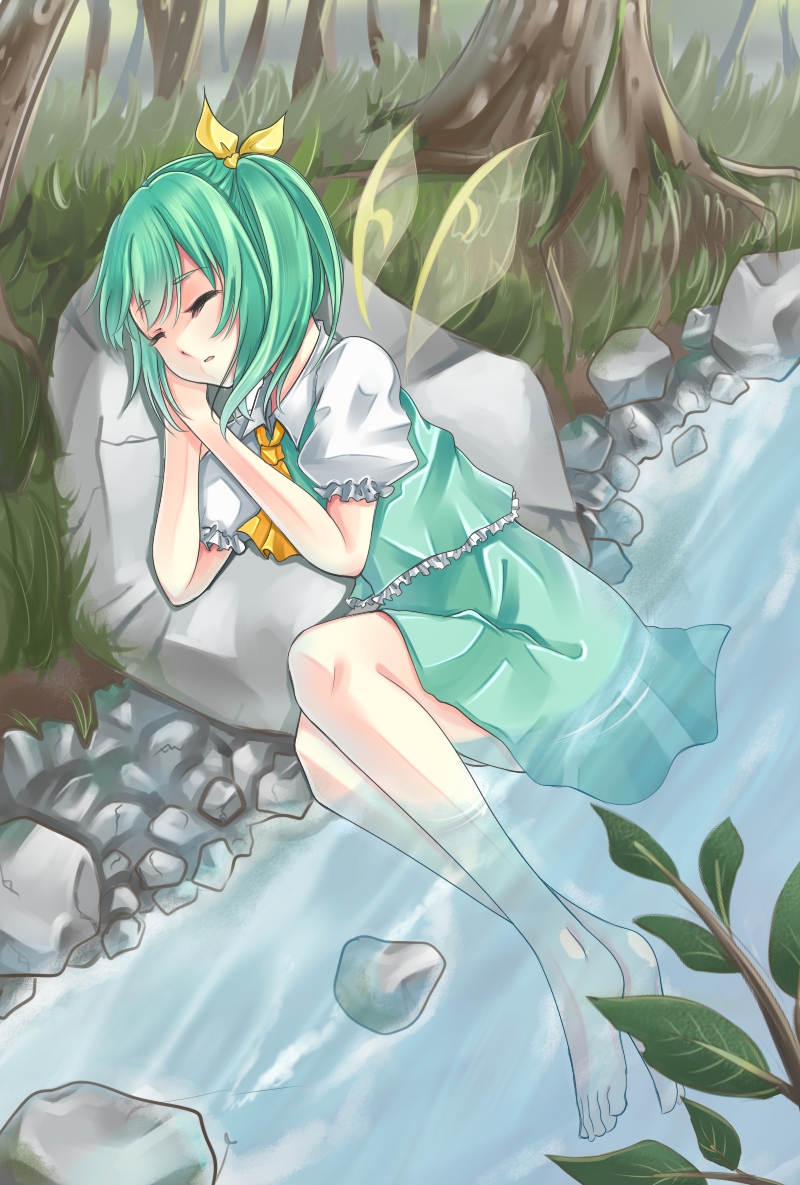 ascot bare_legs barefoot daiyousei fairy_wings grass green_hair hair_ribbon hands_on_own_face hikaru_(zurahenntai) knees_up leaf outdoors own_hands_together parted_lips puffy_short_sleeves puffy_sleeves ribbon rock short_hair short_sleeves side_ponytail skirt skirt_set sleeping solo stream touhou tree water wings