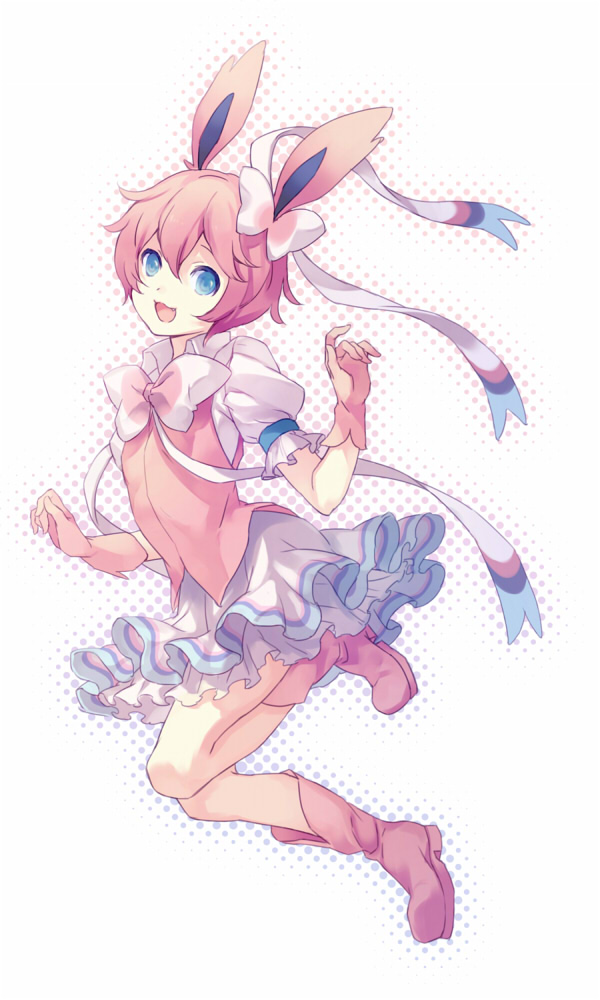 adapted_costume animal_ears blue_eyes boots choke_(amamarin) gen_6_pokemon magical_girl personification pink_footwear pink_hair pokemon ribbon skirt smile solo sylveon