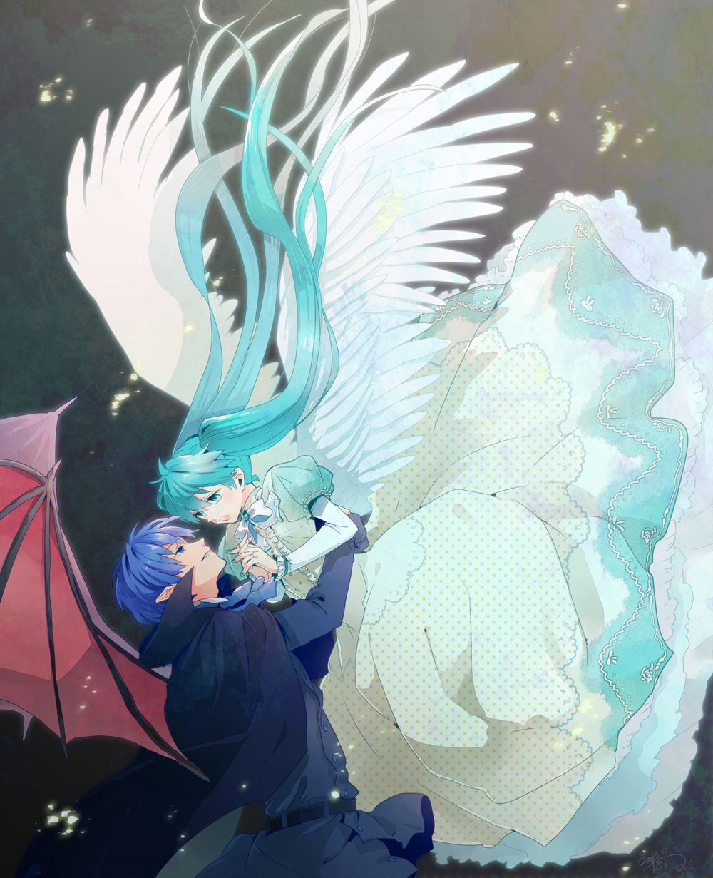 1girl angel_and_devil aqua_eyes aqua_hair bad_id bad_pixiv_id blue_eyes blue_hair dress floating_hair formal hands_clasped hatsune_miku highres irono_(irtyu) kaito long_hair nail_polish open_mouth own_hands_together pointy_ears twintails very_long_hair vocaloid wings