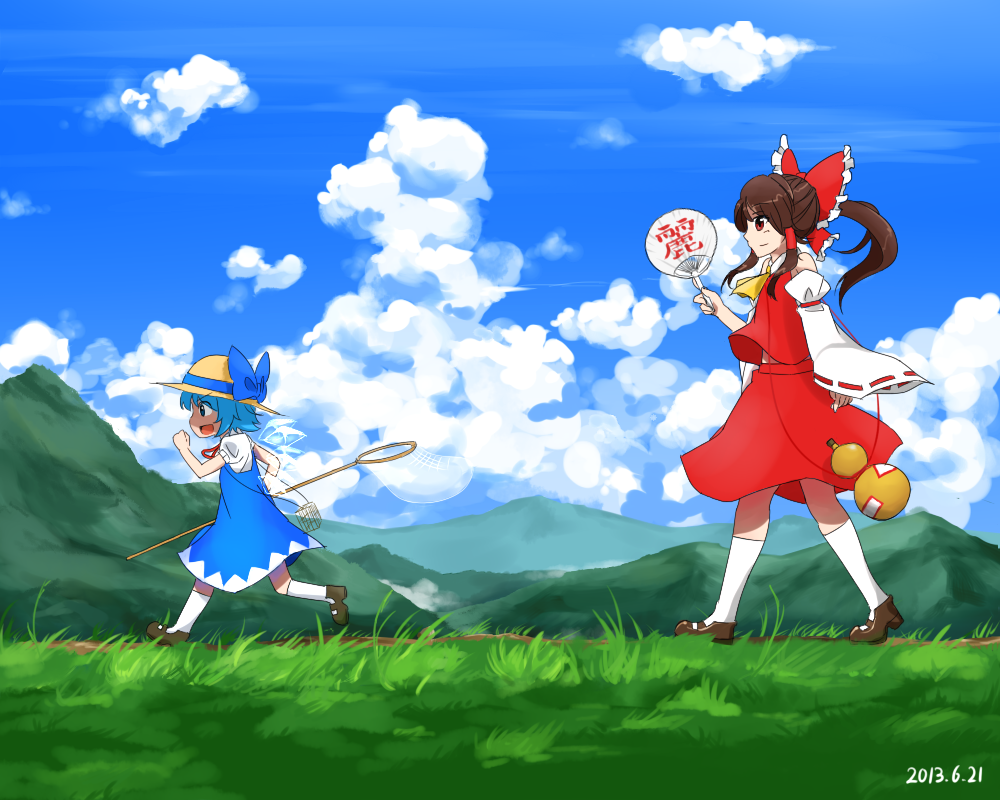 ascot bad_id bad_pixiv_id bare_shoulders blue_eyes blue_hair blue_sky bow brown_hair butterfly_net cirno cloud dated day detached_sleeves dress fan gourd grass hair_bow hakurei_reimu hand_net hat hat_ribbon kneehighs mary_janes mountain multiple_girls ofuda open_mouth outdoors path ponytail profile puffy_short_sleeves puffy_sleeves red_eyes ribbon road running shirokan28 shoes short_hair short_sleeves skirt skirt_set sky smile straw_hat touhou walking