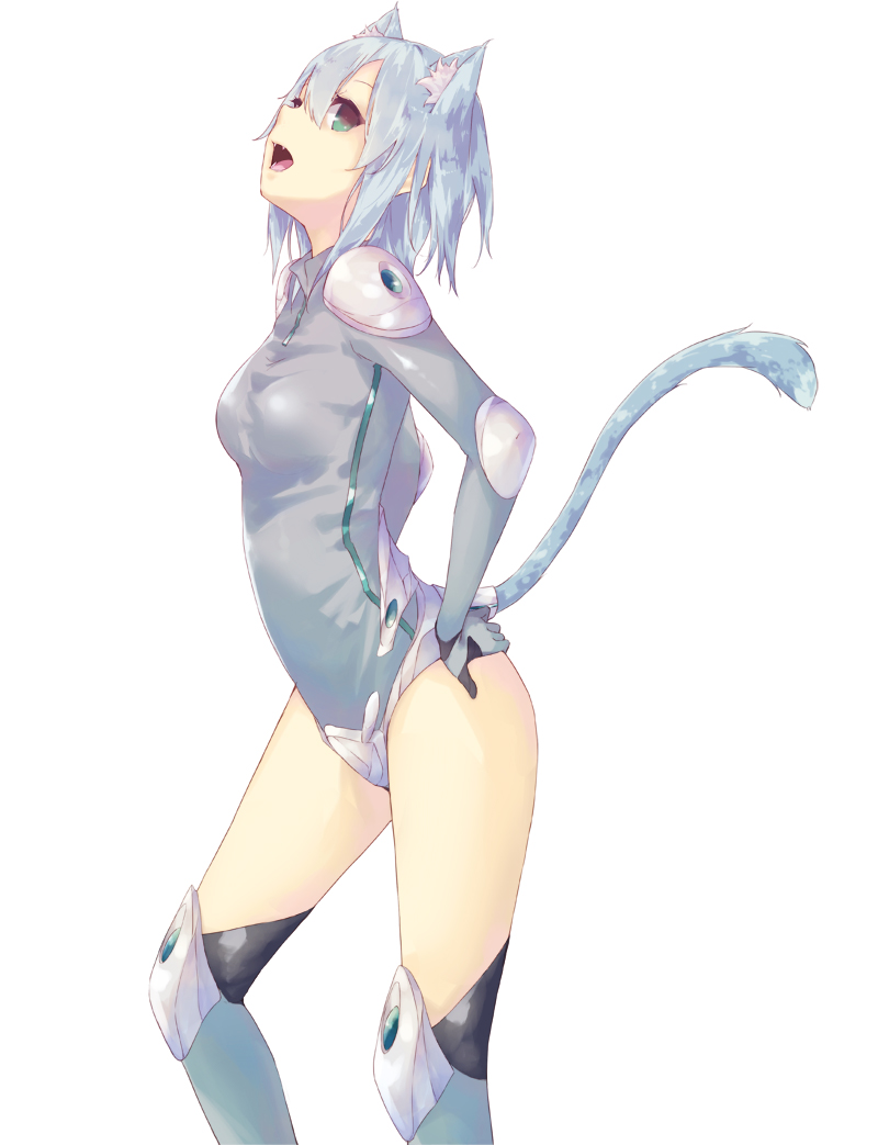 animal_ears blue_hair bodysuit cat_ears cat_tail copyright_request fang green_eyes hands_on_hips la-na open_mouth short_hair simple_background solo tail white_background