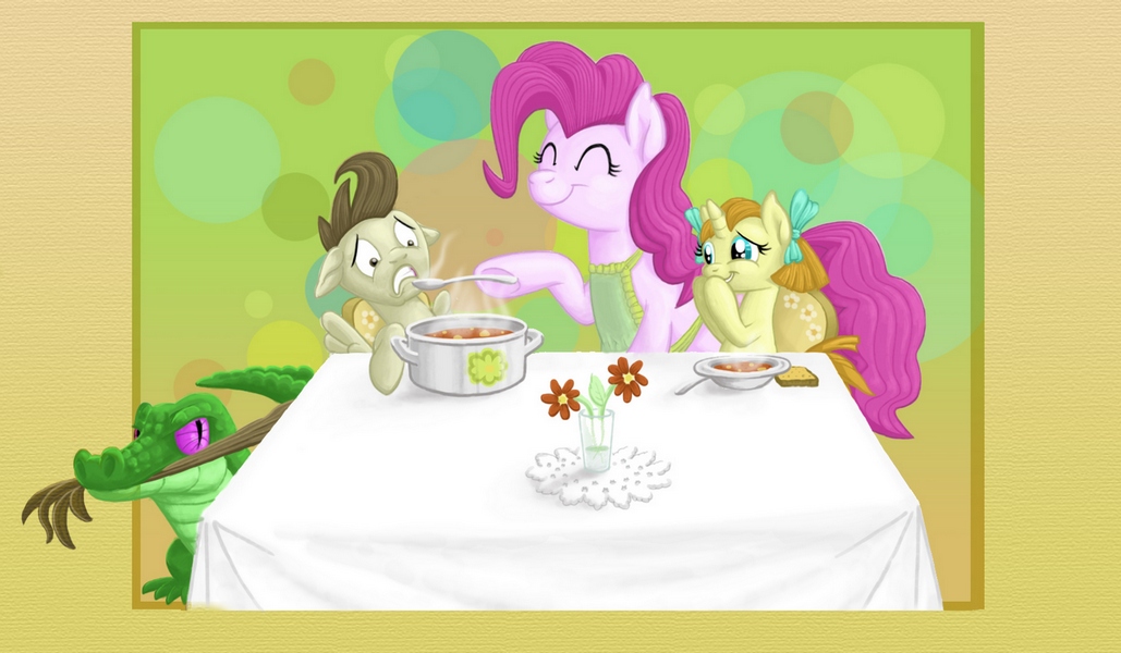 alligator blue_eyes blush brown_eyes brown_hair cub equine female feral food friendship_is_magic fur gor1ck green_body group gummy_(mlp) hair horn horse male mammal my_little_pony pink_fur pink_hair pinkie_pie_(mlp) plain_background pony pot pound_cake_(mlp) pumpkin_cake_(mlp) reptile scalie smile soup tab_fur table tail_pull unicorn white_background yellow_fur young