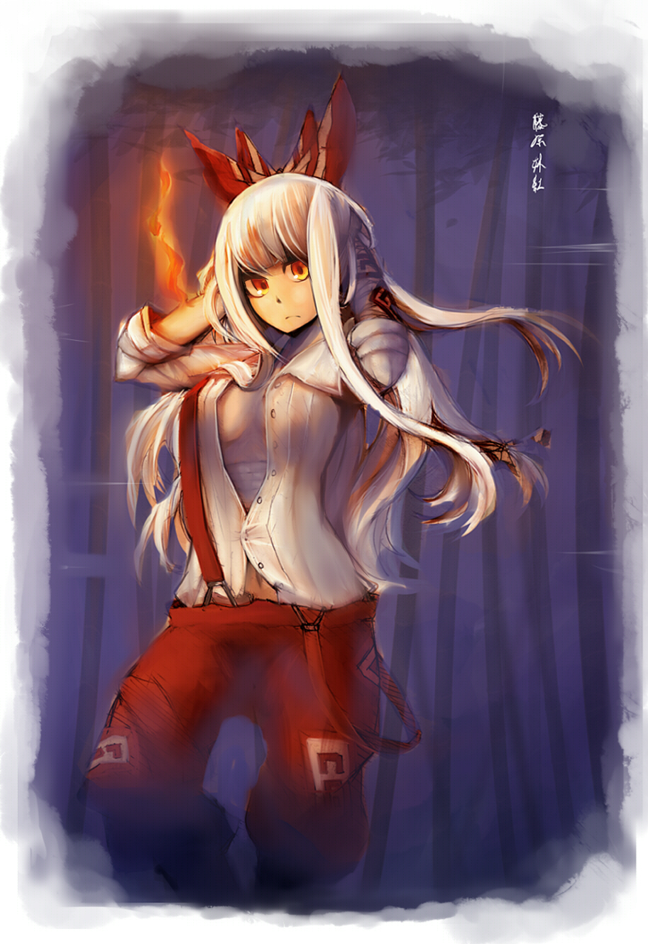 bamboo bow breasts character_name fire fujiwara_no_mokou hair_bow haruharudog highres long_hair medium_breasts no_bra pants red_eyes silver_hair solo suspenders touhou