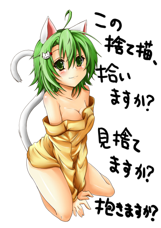 ahoge animal_ears blush breasts cat_ears cat_tail cleavage dodome-iro_mayonnaise green_eyes green_hair medium_breasts original simple_background smile solo tail translation_request white_background