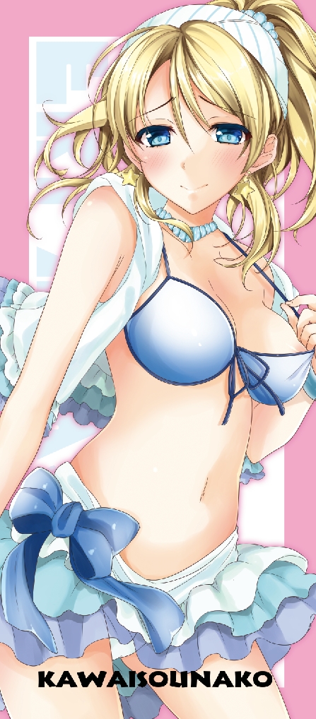 ayase_eli bikini blonde_hair blue_eyes blush bow breasts earrings hairband jewelry long_hair looking_at_viewer love_live! love_live!_school_idol_project medium_breasts natsuiro_egao_de_1_2_jump! necklace ponytail resizing_artifacts smile solo swimsuit untying yu_yu