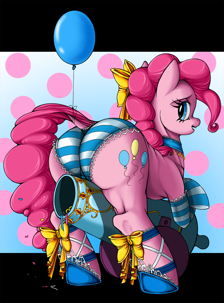 balloon blue_eyes bow butt cannon clothing cutie_mark equine female feral friendship_is_magic fur hair horse longinius looking_back mammal my_little_pony open_mouth panties pegasus pink_fur pink_hair pinkie_pie_(mlp) pony smile solo underwear wings