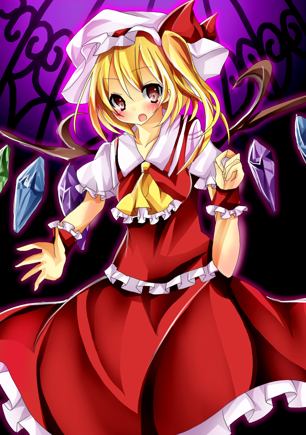 blonde_hair blush flandre_scarlet hat hat_ribbon highres kotokura_imu red_eyes ribbon side_ponytail solo touhou wings wrist_cuffs