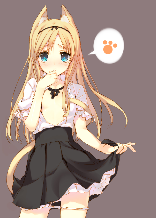 animal_ears blonde_hair blue_eyes blush breasts cat_ears cat_tail collarbone hair_ribbon looking_at_viewer md5_mismatch open_clothes open_shirt original panties panty_pull paw_print ribbon shirt short_sleeves simple_background skirt small_breasts solo tail tatami_to_hinoki tears underwear
