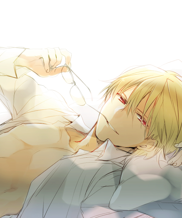 blonde_hair eyewear_removed fate/stay_night fate_(series) gilgamesh glasses holding holding_eyewear kuroemon male_focus open_clothes open_shirt red_eyes shirt solo